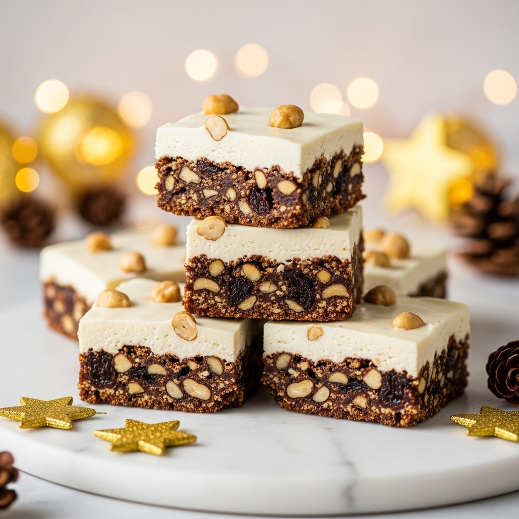 The image shows four square pieces of a layered dessert stacked on a white marbled surface. Each piece has two layers: a bottom layer filled with dark brown mixed nuts and dried fruit, showing a rough and chunky texture, and a smooth, thick white icing layer on top. Small nuts are scattered on the icing. Around the dessert pieces, there are small golden star-shaped decorations and tiny pine cones, giving a festive look. The background is softly blurred with warm yellow and orange lights. Photo taken with an iphone --ar 4:5 --v 7