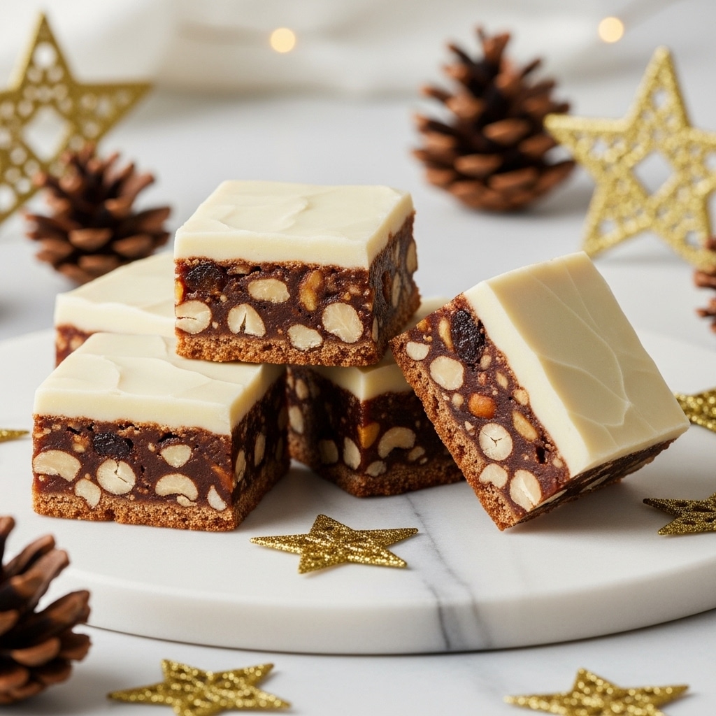 The image shows four square nut bars stacked on a white marble surface. Each bar has two layers: the bottom layer is a rich dark brown mixture filled with visible whole nuts and dried fruits, and the top layer is a smooth, creamy white icing that covers the nuts evenly. The bars are arranged in a small pile with one piece slightly tilted to show the layers clearly. Around the nut bars, there are small pine cones and golden star decorations, adding a festive feel to the setting. The background is softly blurred, giving focus to the nut bars and decorations. Photo taken with an iphone --ar 4:5 --v 7