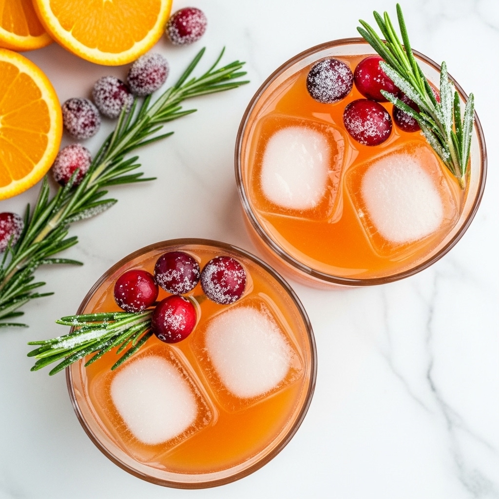 Two clear glasses filled with orange-colored liquid each contain two large ice cubes floating near the center. On the top surface of each drink, there are several bright red cranberries and a sprig of green rosemary dusted with white sugar, placed gently on one side. In the top left corner, orange slices and more sugared cranberries and rosemary sprigs are scattered on a white marbled surface that forms the background. The scene is brightly lit, highlighting the fresh and festive colors of the drink and garnishes. photo taken with an iphone --ar 4:5 --v 7