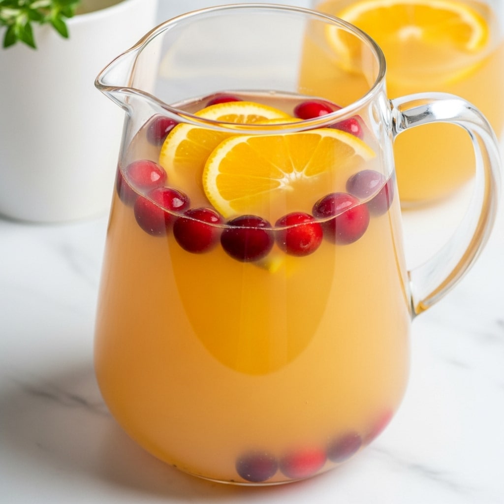A clear glass pitcher filled with light orange juice, showing two thin orange slices floating at the top layer, along with several whole red cranberries scattered inside the liquid, sitting on a white marbled surface, with part of a white glass filled with the same drink visible in the background alongside a small green herb sprig. photo taken with an iphone --ar 4:5 --v 7