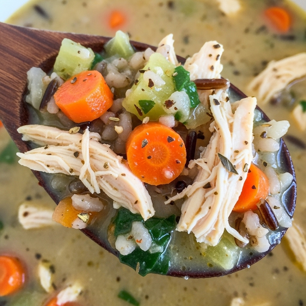 A close-up of a thick, creamy soup held in a wooden spoon, showing a mix of shredded white chicken, small orange carrot cubes, green herbs, and bits of darker wild rice within a light beige broth. The texture appears rich and smooth with visible flecks of seasoning and soft vegetable pieces, filling the spoon completely with chunks softly blending into the creamy base, with more of the soup visible in the background. Photo taken with an iphone --ar 4:5 --v 7
