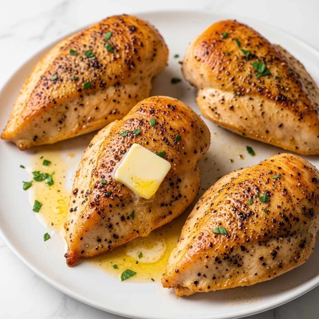 The image shows four golden-brown cooked chicken breasts on a white plate, each breast with a slightly crispy texture and visible black pepper and herb seasoning speckled on top. One chicken breast has a small square of melting butter placed near its center, adding a small glossy shine. There is a light layer of melted butter or sauce pooling around the base of the chicken, enhancing the rich color and moist appearance. Some small green parsley flakes are scattered on top of the chicken for garnish. The plate is set against a white marbled background. photo taken with an iphone --ar 4:5 --v 7