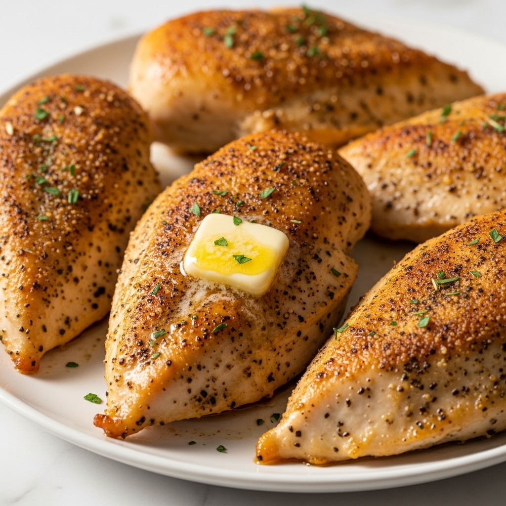 The image shows several golden-brown cooked chicken breasts placed close together on a white plate. Each piece has a slightly crispy, textured top layer seasoned with visible black pepper and herbs, creating a speckled pattern. A small melting pat of butter sits on one chicken breast, adding shine and moisture to the surface. Tiny bits of green herbs are sprinkled lightly over the chicken, giving small color contrast. The plate rests on a white marbled surface with warm light highlighting the juicy and tender texture of the chicken. photo taken with an iphone --ar 4:5 --v 7
