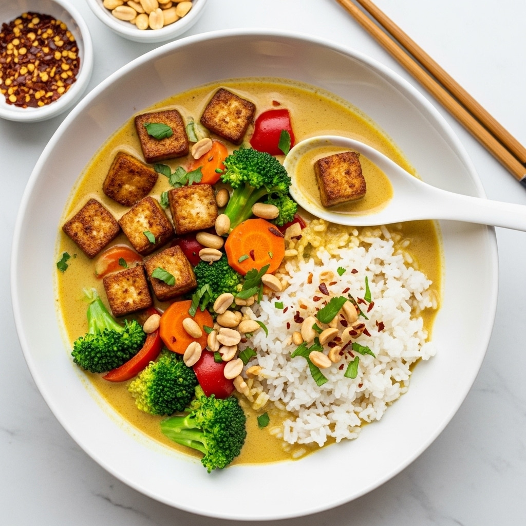 A white deep bowl filled with a creamy yellow curry base, containing pieces of browned tofu cubes scattered on top. Bright green broccoli florets and small red bell pepper chunks are mixed within the curry, along with orange carrot slices. A mound of white rice sits on one side, partially soaking in the curry. Chopped peanuts and green herb bits are sprinkled all over, adding texture. A white spoon rests inside the bowl holding a tofu cube dipped in curry. Two small white bowls in the background show red chili flakes and whole peanuts, with wooden chopsticks placed beside the bowl on a white marbled surface. Photo taken with an iphone --ar 4:5 --v 7