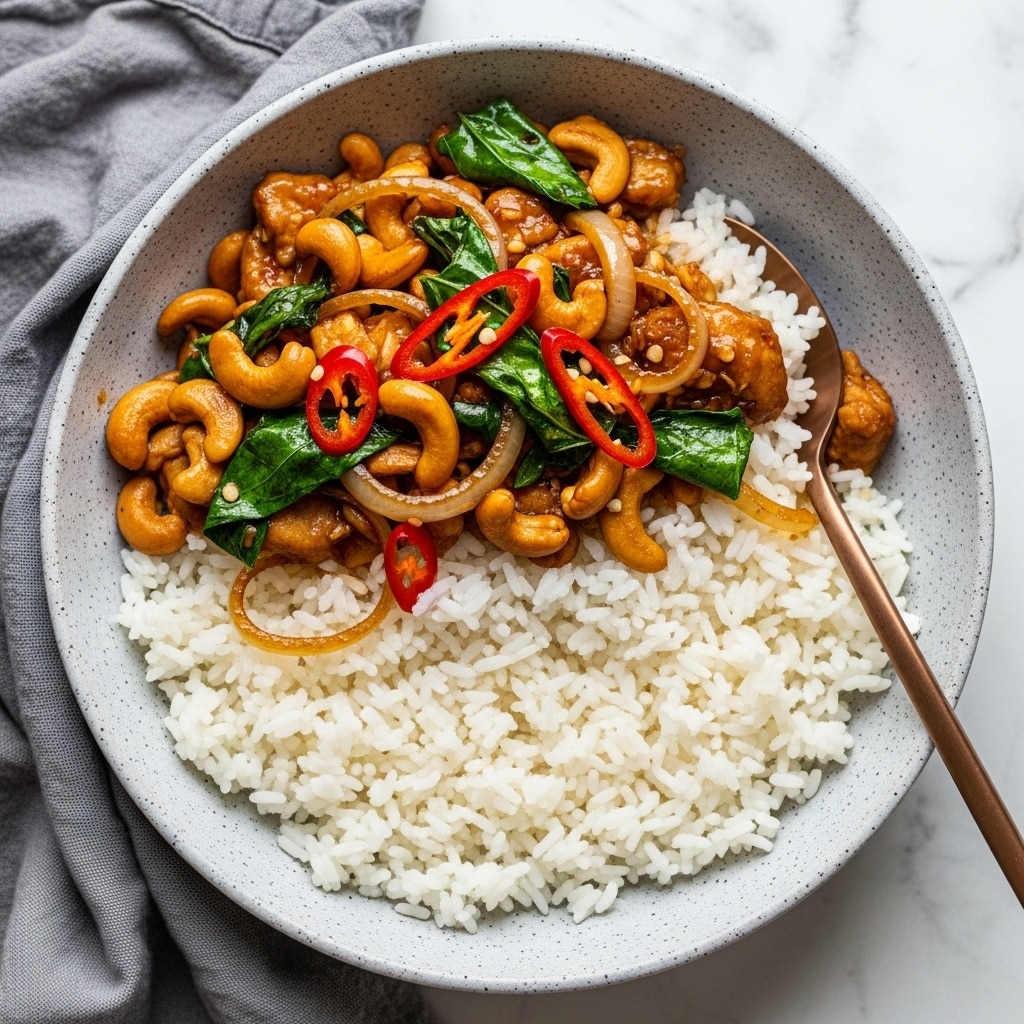 The image shows a close-up of a black wok filled with a stir fry mix. Inside, there are several visible layers: chunks of light brown cooked chicken, dark brown roasted cashew nuts, and bright green scallions cut into long pieces. Thin slices of red chili peppers are scattered on top, adding a pop of color. The ingredients have a shiny, glazed texture from the sauce, and a wooden spatula is resting inside the wok on the right side. The wok sits on a white marbled surface. Photo taken with an iphone --ar 4:5 --v 7
