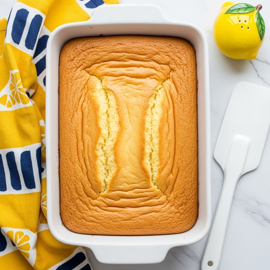 A golden-brown baked cake sits in a white rectangular baking dish, its top layer slightly cracked with a spongy texture visible underneath the smooth, firm crust. The cake's surface is uneven with soft ridges and a warm light brown color, indicating it is freshly baked. The dish is placed on a white marbled surface, next to a yellow and navy patterned cloth and a lemon-shaped yellow salt shaker, adding a bright, fresh touch to the scene. A white spatula rests nearby, ready for serving. photo taken with an iphone --ar 4:5 --v 7