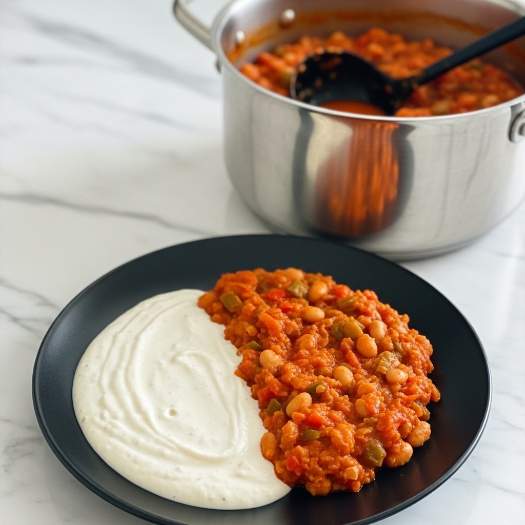 The image shows a close-up of a white bowl filled with a thick, chunky stew made of orange-red tomato sauce mixed with white beans and pieces of red bell pepper, creating a glossy, textured surface. Behind the bowl is a black pan filled with the same stew, appearing rich and hearty with visible beans and bits of herbs. A black spoon rests in the pan, stirring the thick sauce. The scene sits on a coarse light brown cloth with a white marbled texture background. Photo taken with an iphone --ar 4:5 --v 7