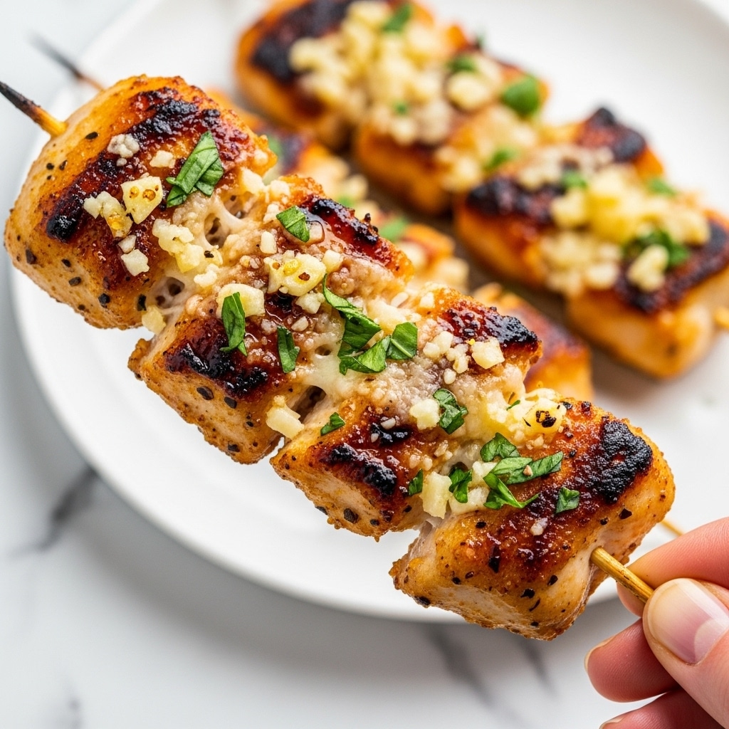 A close-up of a golden-brown garlic parmesan chicken skewer held by a woman's hand, showing a textured surface with melted Parmesan cheese, chopped garlic, and fresh green herbs evenly spread over the crispy chicken pieces, creating a glossy finish with some charred edges; the chicken looks juicy and richly seasoned, with a second skewer blurred in the background on a white plate resting on a white marbled texture. photo taken with an iphone --ar 4:5 --v 7