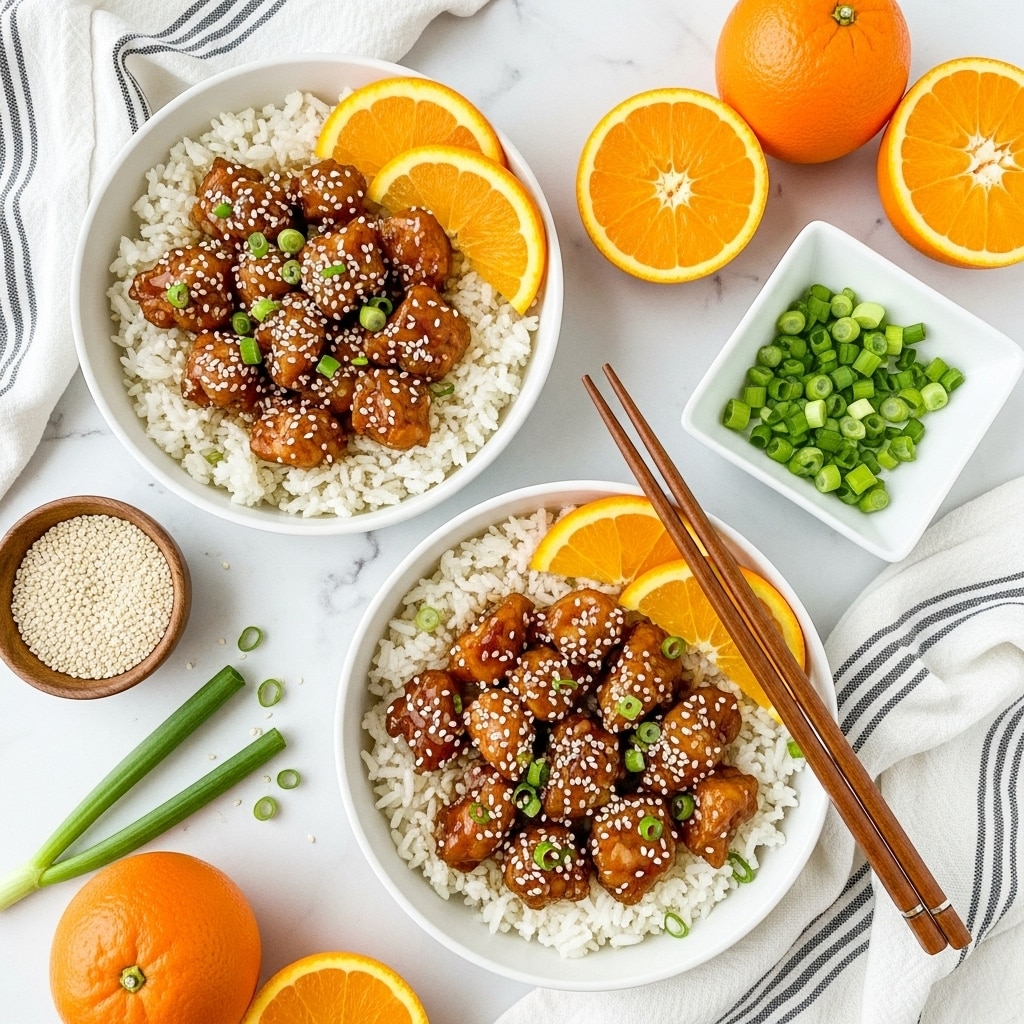 Two white bowls sit on a white marbled surface, each filled with a base layer of fluffy white rice. On top of the rice is a layer of golden-brown glazed chicken pieces sprinkled with white sesame seeds and chopped green onions. Each bowl is garnished with three bright orange slices placed along the edge of the chicken. One bowl has a pair of dark brown chopsticks resting diagonally across it. Around the bowls are whole and halved oranges, a small bowl of sesame seeds, and a square dish of chopped green onions, with a white and gray striped cloth nearby. photo taken with an iphone --ar 4:5 --v 7