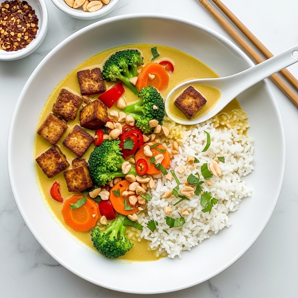 A white bowl filled with creamy yellow curry that has chunks of browned tofu, green broccoli florets, and red bell pepper pieces mixed in, with a neat mound of white rice on one side. A white spoon rests in the bowl, holding a piece of tofu covered in curry. The curry is sprinkled with crushed peanuts, red chili flakes, and chopped green herbs, creating a colorful texture contrast. Around the bowl on a white marbled surface are lime wedges and two small white bowls, one filled with crushed red chili flakes and the other with peanuts. A pair of wooden chopsticks with pink and white decorative ends lies to the right, with a white cloth partially visible at the bottom. photo taken with an iphone --ar 4:5 --v 7