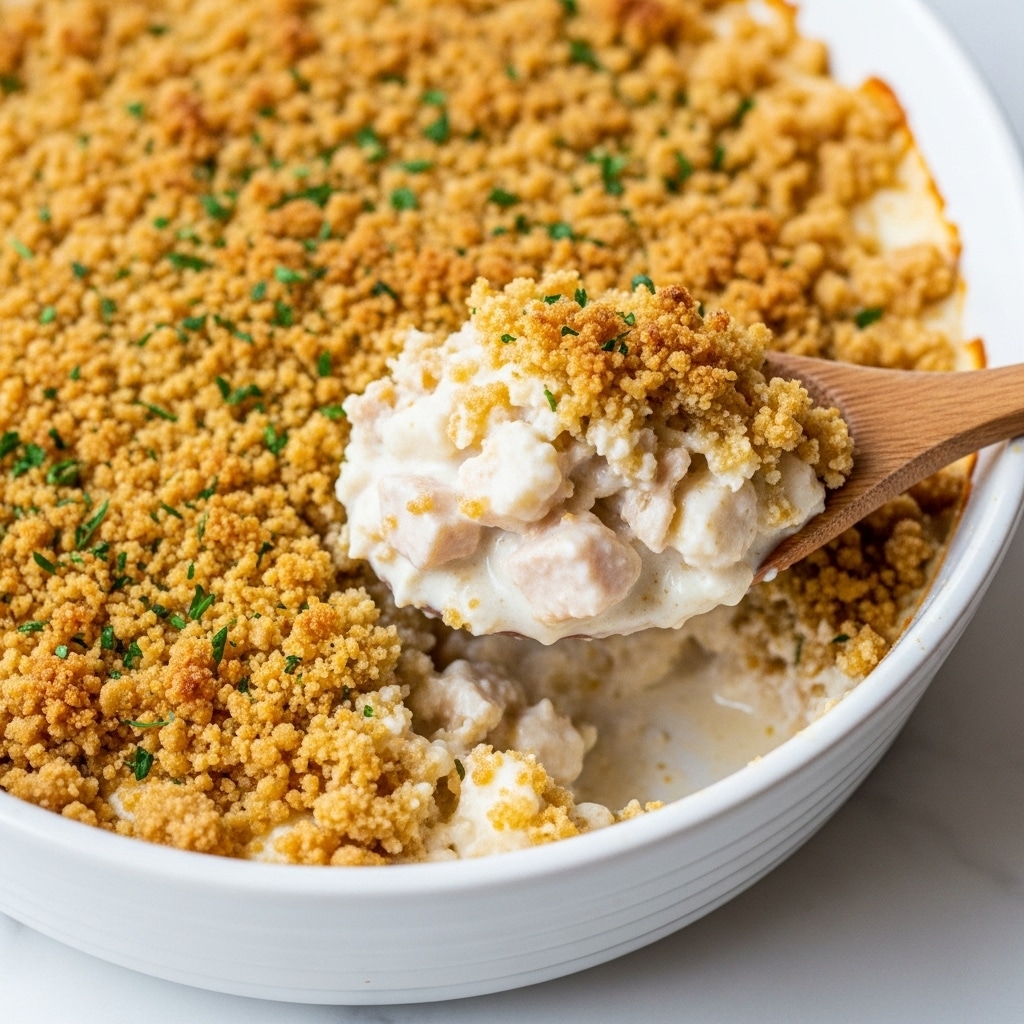 A close-up view of a spoonful of chicken casserole showing thick layers of creamy white sauce mixed with chunks of golden-brown baked chicken. The top layer is covered with crunchy, crumbly bright orange topping mixed with green herb sprinkles, giving a rough texture. The background is filled with the same casserole, blurred to highlight the spoonful in front. The Spoon is wooden, held from the right side, bringing focus to the creamy and crispy contrast. The image is set on a white marbled surface. photo taken with an iphone --ar 4:5 --v 7