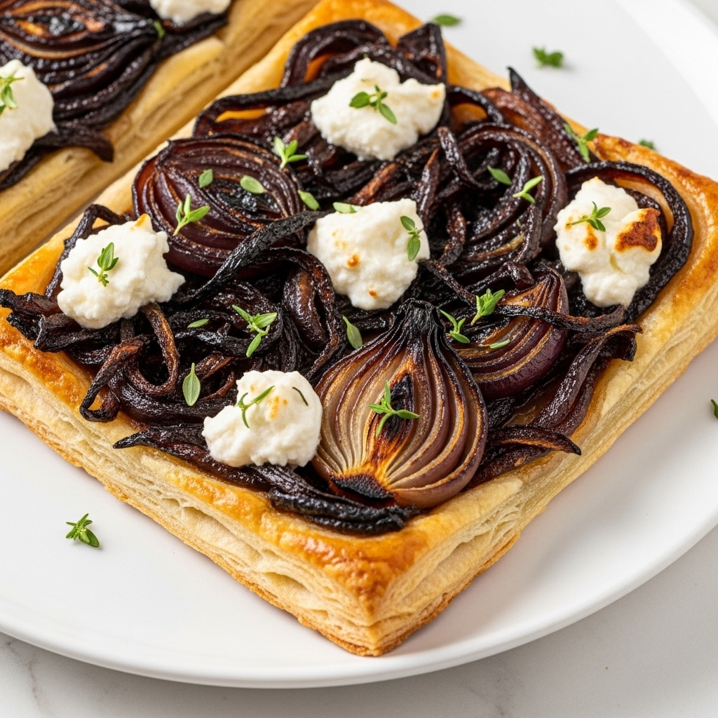 A close-up of a flaky pastry slice with a golden-brown crust at the base and edges, topped with caramelized onions that are dark brown with slightly crispy edges, scattered dollops of soft, white goat cheese, and small sprigs of fresh green thyme spread evenly over the surface. The pastry shows layers of airy texture and the onions have a glossy, roasted look. The dish is served on a white plate placed on a white marbled surface. photo taken with an iphone --ar 4:5 --v 7