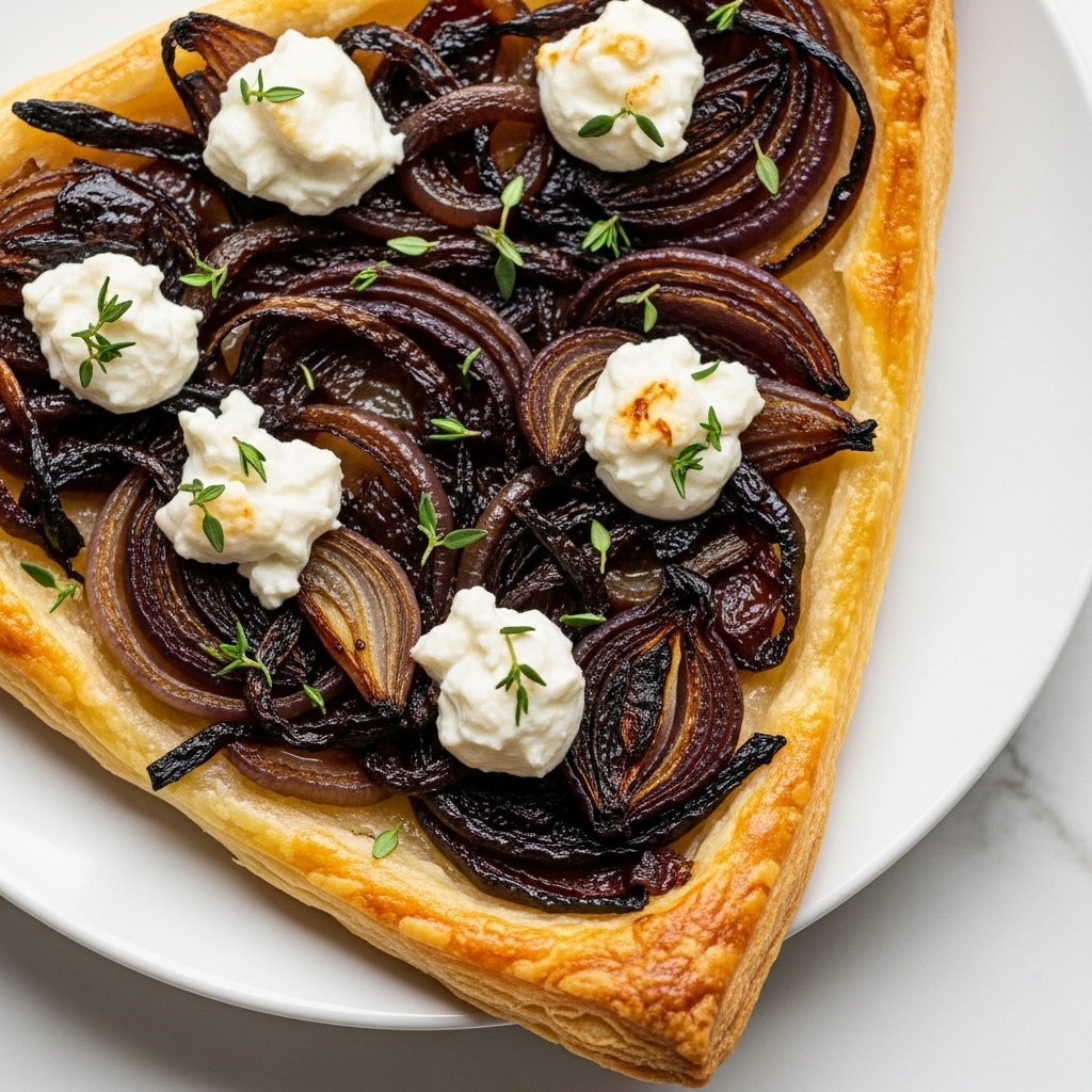 A round tart sits on a white plate over a white marbled surface, showing three visible layers. The bottom layer is a golden-brown, flaky pastry crust with a crisp texture. Above it is a thick layer of caramelized onions with a rich, dark amber color and shiny glaze. On top, there are dollops of white, crumbly cheese scattered with small green herb leaves, adding a fresh touch. Small sprigs of green thyme garnish the tart, creating a contrast with the warm tones below. The photo taken with an iphone --ar 4:5 --v 7