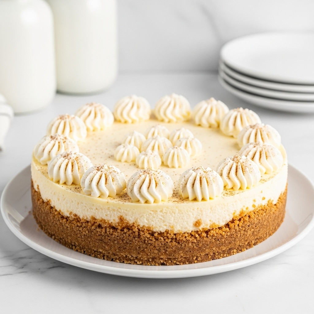 A round cheesecake with a thick, crumbly golden brown crust around the sides and a smooth, creamy pale yellow filling on top. The surface is decorated with evenly spaced swirls of white whipped cream around the edge and similar smaller swirls scattered in the center, all lightly dusted with specks of cinnamon or nutmeg. The cheesecake sits on a clean white plate placed on a white marbled background, with stacked white plates and white jars softly blurred in the background. Photo taken with an iphone --ar 4:5 --v 7
