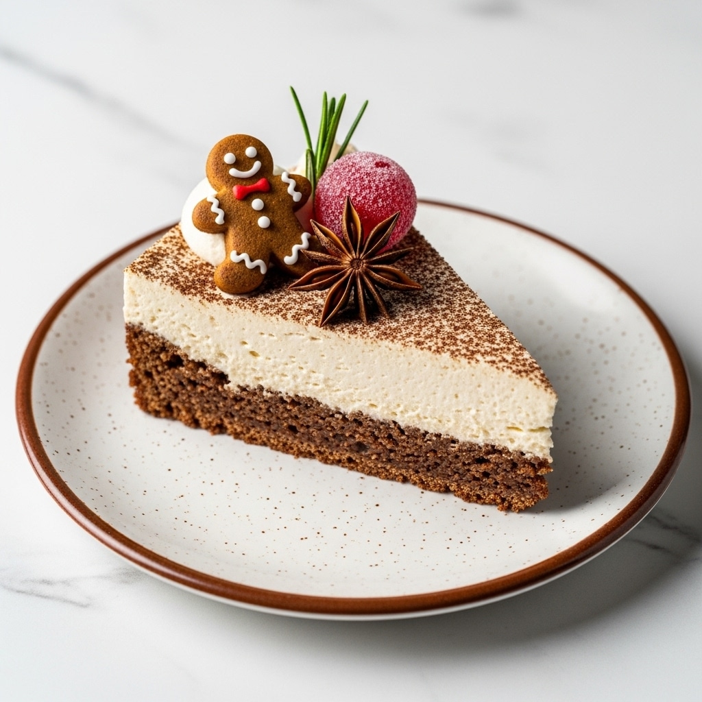 A single slice of cake sits on a white speckled plate with a brown rim, placed on a white marbled surface. The cake has two visible layers: a thick, dark brown crumbly base at the bottom, and a smooth, light beige creamy layer on top, covered with a dusting of light brown powder. On top of the cake slice are detailed decorations including a small gingerbread man cookie with white icing buttons and facial features, a dark brown star anise, a bright red sugared berry, and a small sprig of green rosemary. Photo taken with an iphone --ar 4:5 --v 7