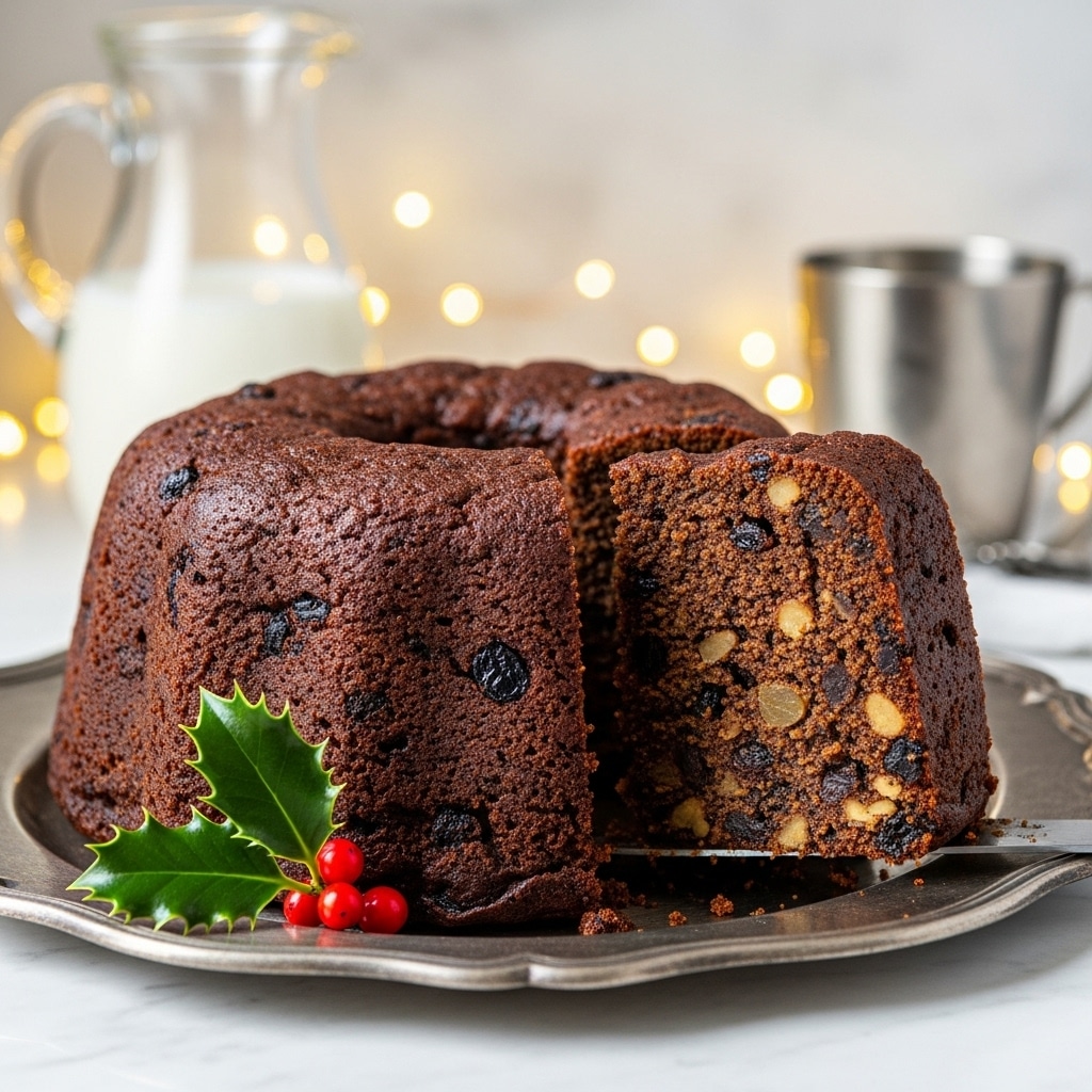A single dark brown Christmas pudding sits in the center of an ornate silver plate, showing a dense texture full of small chunks of dried fruits and nuts throughout its rounded, slightly domed shape. On top of the pudding, there is a small decoration made of three green holly leaves with a few bright red berries in the middle. The plate rests on a white marbled surface, with blurred warm lights and a white cream jug in the background adding a cozy festive atmosphere. photo taken with an iphone --ar 4:5 --v 7