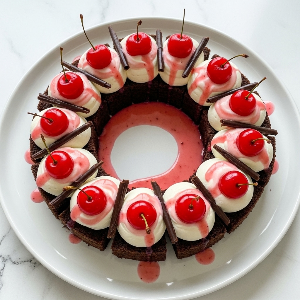 A round wreath-shaped dessert made of small, dark chocolate cake pieces arranged in a circle on a large white plate, each cake topped with a swirl of white cream. Bright red cherries sit on top of the cream, and chocolate curls are scattered over the dessert. A pinkish-red drizzle of sauce is seen on the cream and around the cakes, with some sauce marks on the white plate. The white plate rests on a white marbled surface. photo taken with an iphone --ar 4:5 --v 7