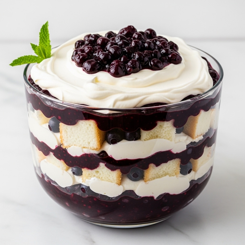A clear glass bowl shows a dessert with multiple thick layers. The bottom layer is a dark purple-blue berry sauce, followed by a creamy white layer of whipped cream or frosting, then a spongy white cake layer with some berry sauce peeking through. This pattern repeats with dark berry sauce, creamy white, and cake. The dessert is topped with a thick, smooth layer of creamy white whipped cream, crowned with a glossy, chunky dark berry topping and a small green mint leaf on the side. The bowl sits on a white marbled surface. photo taken with an iphone --ar 4:5 --v 7