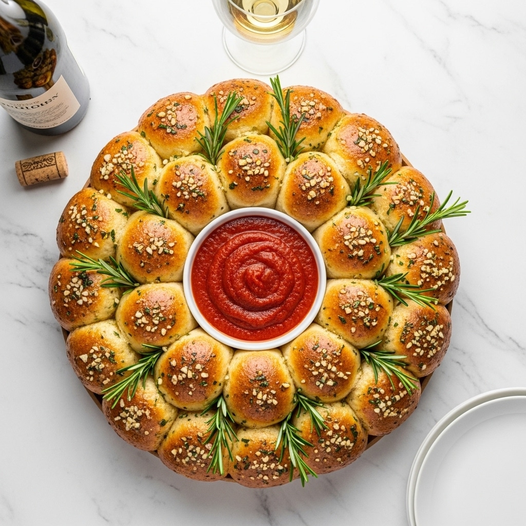 A round wreath made of 20 golden-brown garlic herb bread rolls, each roll soft and slightly shiny with a sprinkle of chopped garlic and green herbs on top. The bread rolls form a ring around a small white bowl filled with thick, smooth red marinara sauce placed at the center. Fresh green rosemary sprigs are tucked between some bread rolls, adding contrast and detail. The wreath sits on a white marbled surface with a glass of white wine above it and a wine bottle with a cork to the left, plus a stack of white plates on the lower right. Photo taken with an iphone --ar 4:5 --v 7