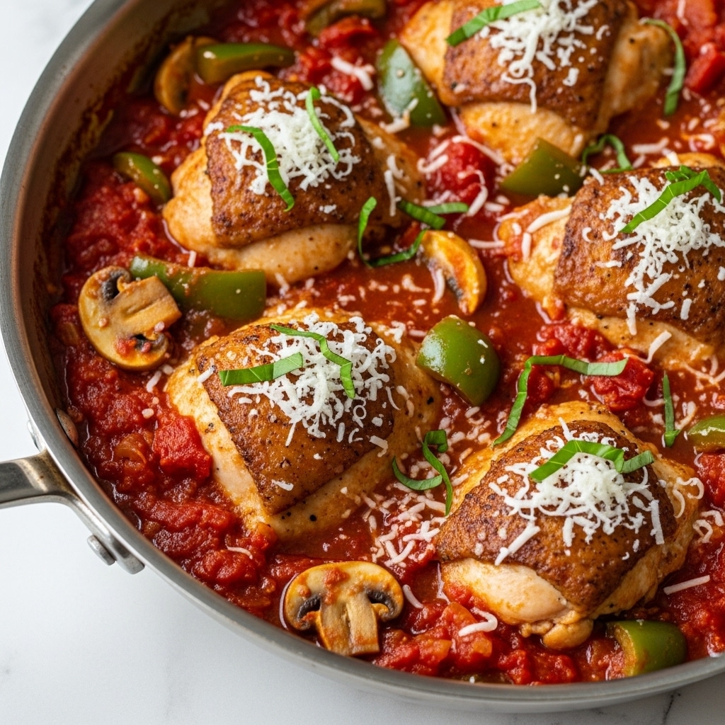 A close-up view of a cooked dish in a deep silver pan resting on a white marbled surface, featuring a rich, chunky tomato sauce with visible pieces of mushrooms and green bell peppers. The dish includes several browned chicken pieces nestled in the thick red sauce, topped with freshly grated white cheese and thin green basil strips. The textures show a combination of tender chicken skin with a slightly crispy edge, soft vegetables, and a vibrant, juicy sauce. Photo taken with an iphone --ar 4:5 --v 7