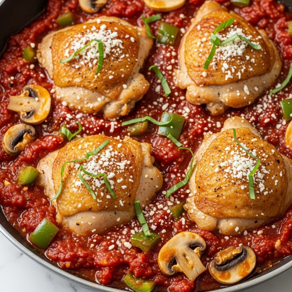 A close-up view shows a pan filled with a rich tomato sauce base, dotted with sliced mushrooms and small pieces of green bell pepper. There are four golden brown chicken thighs partially submerged in the sauce, topped with scattered grated white cheese and thin strips of fresh green basil. The sauce has a thick, chunky texture with a deep red color, contrasting with the creamy chicken skin and fresh herbs. The pan rests on a white marbled surface. photo taken with an iphone --ar 4:5 --v 7