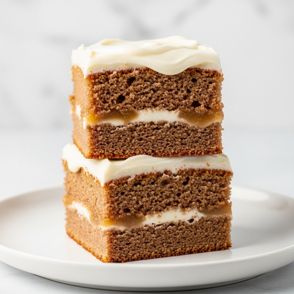 The image shows a close-up of applesauce snack cake pieces with two visible layers. The bottom layer is a light brown, moist cake with a textured surface. On top of this cake layer is a thick, creamy white frosting that spreads evenly. The frosting looks smooth with slight swirls and covers the entire top surface of each square piece. The pieces are neatly cut, showing the distinct separation between the brown cake and white frosting layers. The background and surface are white with a marbled texture. photo taken with an iphone --ar 4:5 --v 7