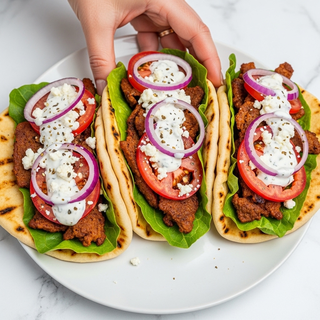 The image shows three gyros on a white plate with a white marbled surface underneath. Each gyro has a base of soft pita bread with light brown char marks. On top of the pita is a layer of green lettuce leaves, followed by slices of reddish-brown grilled meat. Next, there are sliced red tomatoes and thin rings of purple onions scattered on the meat. The gyros are finished with a creamy white sauce drizzled over the top, along with small bits of white cheese evenly sprinkled. A woman's hand is holding one of the gyros from the side, showing the layers clearly. photo taken with an iphone --ar 4:5 --v 7