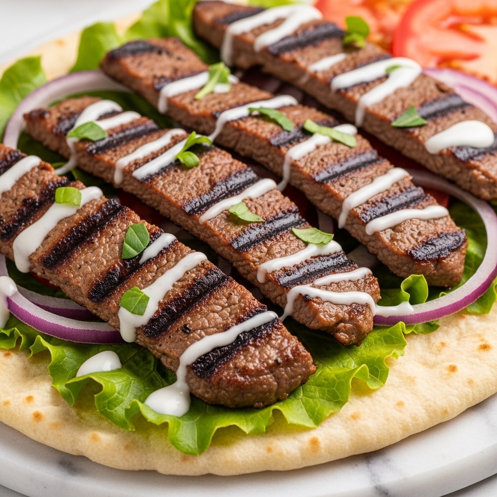 The image shows several thin, grilled slices of brown meat with a slightly charred texture, placed on top of a soft light beige flatbread. The meat pieces glisten with a drizzle of white sauce and are sprinkled with small green herb leaves. Underneath the meat, there is a layer of fresh green lettuce and thin slices of red onion. In the background, a hint of sliced red tomato is visible. All the ingredients rest on a white marbled surface. photo taken with an iphone --ar 4:5 --v 7