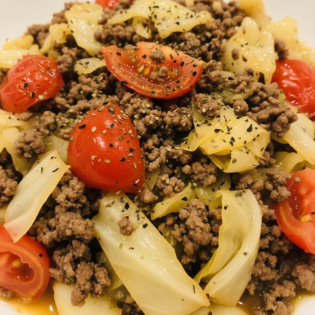 The close-up image shows a dish made of cooked ground beef mixed with soft cooked cabbage pieces and chunks of red tomato. The ground beef is brown and crumbly, while the cabbage is light yellow with some transparent parts and slight browning. The tomatoes add bright red spots scattered throughout. The food appears moist with a shiny coating of sauce and small visible black herbs sprinkled on top. The dish fills the frame, emphasizing the varied textures and colors of the ingredients. Photo taken with an iphone --ar 4:5 --v 7