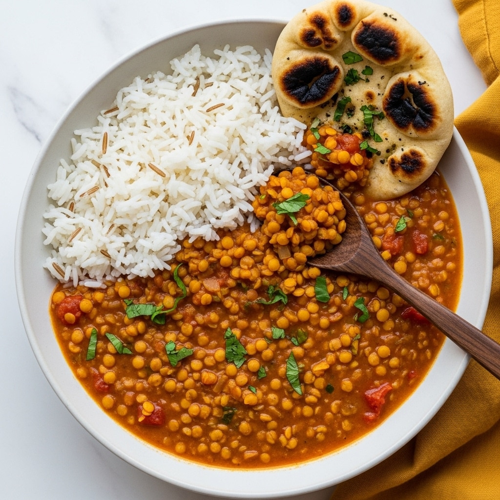 A bowl filled with thick, orange lentil stew mixed with small pieces of cooked lentils, tomatoes, and green herbs, covering about two-thirds of the bowl. On the left side, a mound of fluffy white rice with distinct grains rests on top of the stew. A piece of naan bread with charred spots is placed on the upper right edge of the bowl, slightly dipped into the stew. A wooden spoon with a dark brown handle is partially submerged in the stew and rice, resting diagonally across the bowl. The bowl sits on a white marbled surface with a mustard yellow cloth napkin nearby. photo taken with an iphone --ar 4:5 --v 7