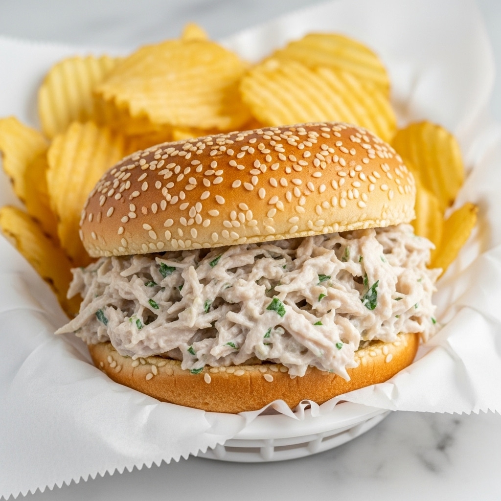 A close-up view of a sandwich with a sesame seed bun, showing two main layers: the top bun is light brown with white sesame seeds scattered on it, and the bottom bun is slightly darker and soft. Between the buns, there is a thick layer of creamy, chunky chicken salad mixed with small bits of herbs and a light dressing, giving it a pale yellow and white color with some green specks. The sandwich is placed in a white basket lined with white paper, and behind it, there are ridged, golden-yellow potato chips filling the basket. The whole scene sits on a white marbled surface. photo taken with an iphone --ar 4:5 --v 7