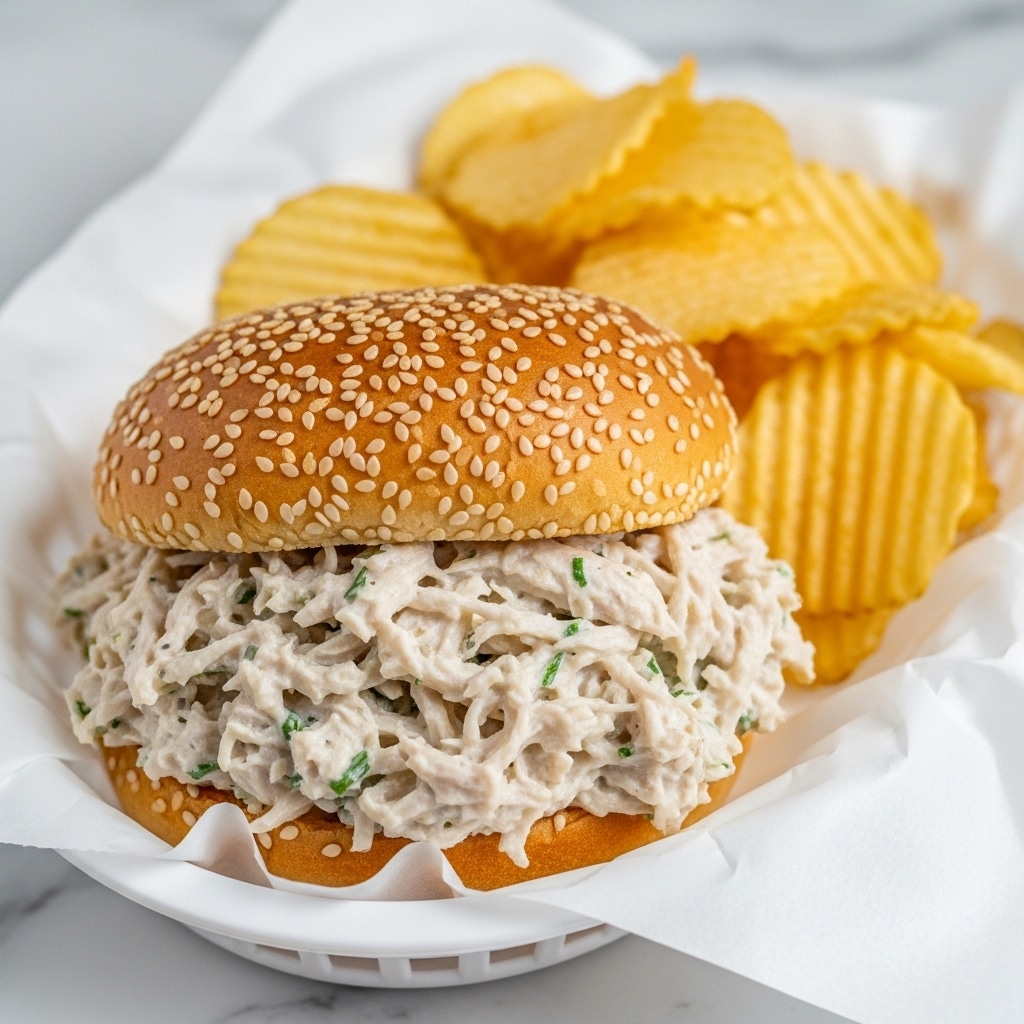 A close-up of a sandwich in a sesame seed-topped soft bun, filled with a creamy, shredded chicken salad that has a mix of light beige and white pieces with visible herbs, sitting in a white basket lined with white paper. The sandwich is accompanied by a pile of crinkled potato chips that are golden yellow and placed behind the sandwich. The setting features a white marbled surface beneath the basket. photo taken with an iphone --ar 4:5 --v 7