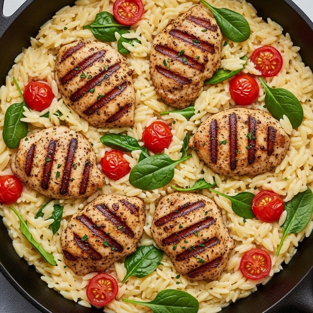 A close-up view of a one-layer creamy orzo dish in a black cast iron pan, topped with eight browned, seasoned chicken pieces with a slightly crispy texture and sprinkled herbs, scattered whole and halved bright red cherry tomatoes, and fresh dark green spinach leaves mixed into the creamy light yellow orzo pasta. The ingredients are well mixed but the chicken pieces sit on top, showing their grilled texture and color contrast against the creamy pasta base punctuated by vibrant greens and reds. Photo taken with an iphone --ar 4:5 --v 7