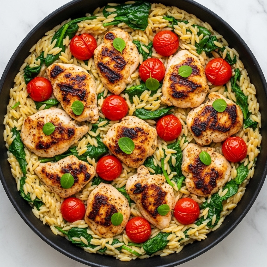 This image shows a black pan filled with a pasta dish. The base layer is creamy orzo pasta mixed with green spinach leaves, creating a soft texture with splashes of deep green. On top, pieces of grilled chicken with a golden brown, slightly charred surface are spread evenly across the pasta. Bright red cherry tomatoes, some whole and some cut in halves, are scattered throughout the dish, adding fresh color. Small green herb leaves are sprinkled over the chicken and pasta, adding a final touch. The pan is set on a surface with a white marbled texture. Photo taken with an iphone --ar 4:5 --v 7