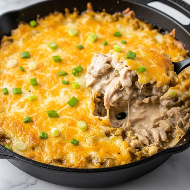 A close-up view of a black cast iron pan filled with a creamy, cheesy casserole that has a golden melted cheese layer on top, speckled with small bits of green onions. The casserole's thick, creamy inside is shown on a black spoon lifting a scoop, revealing a mix of tender shredded chicken, smooth creamy sauce, and more melted cheese with green onions sprinkled on top. The surface under the pan is a white marbled texture. Photo taken with an iphone --ar 4:5 --v 7