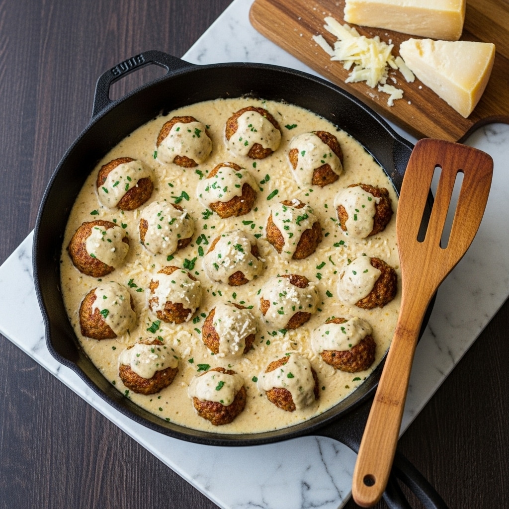 The image shows a black cast iron pan filled with about fifteen meatballs covered in a thick creamy sauce. The sauce is light yellow with a smooth texture and sprinkled with small green herbs and some grated cheese. The meatballs are golden brown with a slightly crispy outside and are spaced evenly across the sauce. The pan sits on a dark wooden table with a white marbled texture underneath. To the side, there is a wooden cutting board with a wedge of cheese and some cheese shavings. A wooden spatula with two handles rests beside the pan. The photo taken with an iphone --ar 4:5 --v 7
