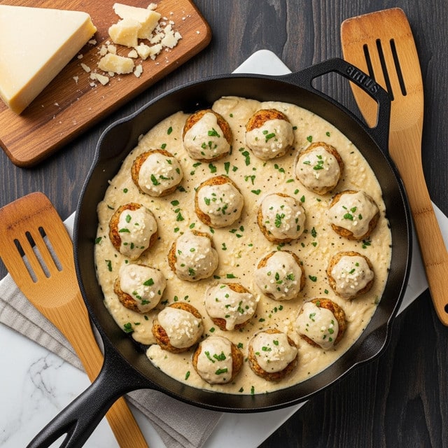 The image shows a black cast iron pan filled with around fourteen browned meatballs sitting in a thick, creamy yellow sauce with some browned spots on top. The sauce is sprinkled with small bits of green herbs scattered across the surface. The pan rests on a wooden table featuring a white cloth napkin on the upper left side. On the table's right side, a wooden cutting board holds a wedge of pale yellow cheese with some cheese shavings scattered nearby. Next to the cutting board are two wooden cooking utensils. The background is a white marbled texture. Photo taken with an iphone --ar 4:5 --v 7