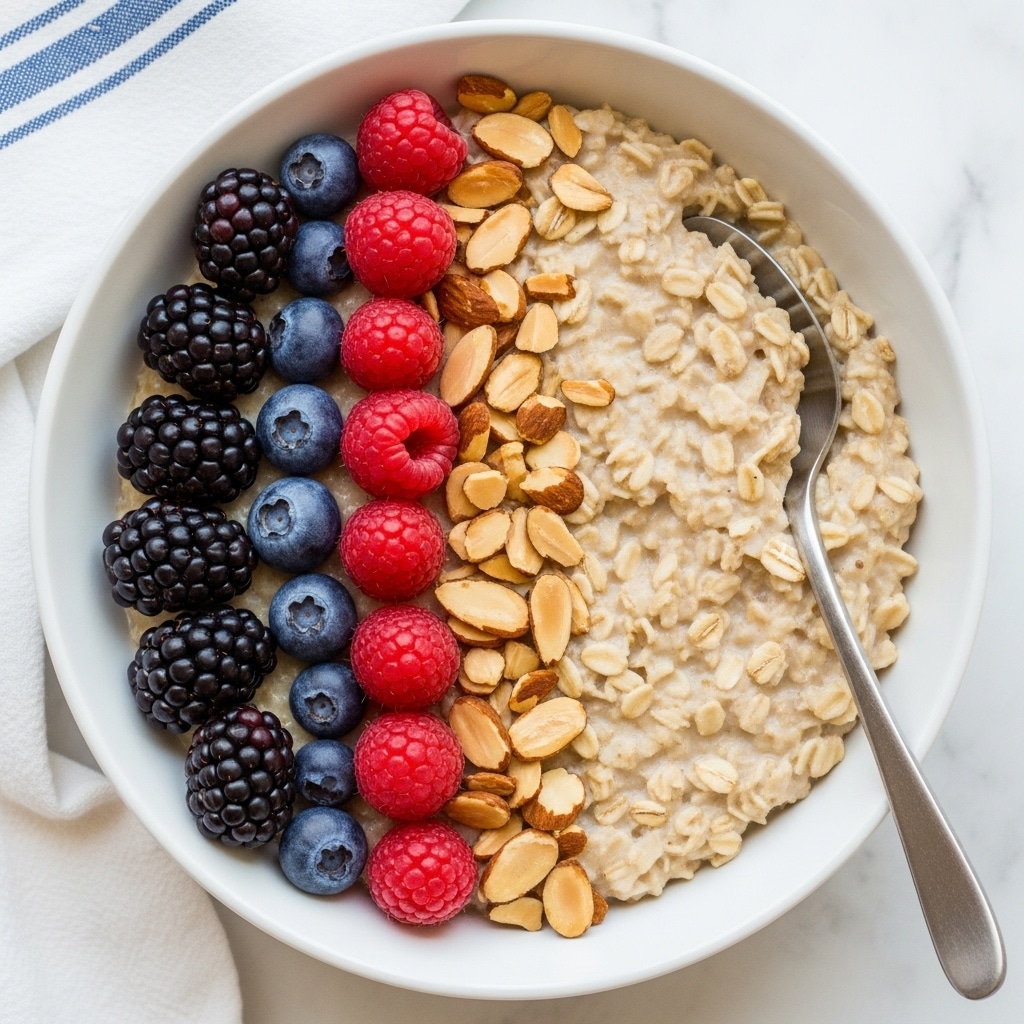 A white bowl filled with creamy oatmeal takes up most of the image. The oatmeal forms the base layer, light beige and slightly textured. On one side of the bowl, fresh berries are neatly placed: deep blue blueberries, dark purple blackberries, and bright red raspberries. Scattered among the berries and partially on the oatmeal are thin, light tan almond slices. A white spoon rests inside the bowl, partly buried in the oatmeal. The bowl sits on a white marbled surface with a white cloth beside it that has blue stripes. photo taken with an iphone --ar 4:5 --v 7