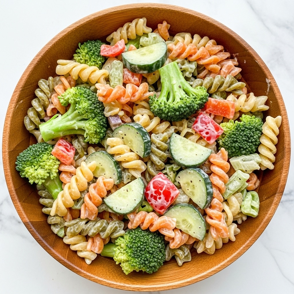 A wooden bowl filled with a creamy tri-color rotini pasta salad; the pasta has three colors—pale yellow, light green, and soft orange, mixed evenly. Scattered throughout the pasta are small, vibrant green broccoli florets with a rough texture, medium-sized dark green cucumber chunks with a smooth surface, and small bright red bell pepper pieces, all covered in a light creamy dressing. The mix looks fresh and colorful, sitting on a white marbled surface. photo taken with an iphone --ar 4:5 --v 7