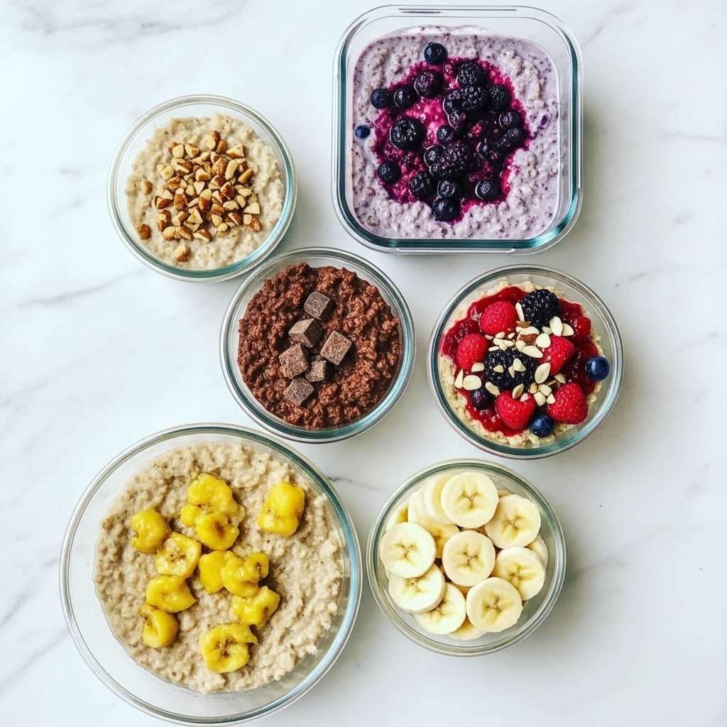 Six glass containers of different sizes are placed on a white marbled surface. The top right square container holds oatmeal mixed with purple and blue berries that create a mottled texture on top. The top left small round container contains light beige oatmeal topped with brown nut pieces. Below it to the left, a round container holds darker brown chocolate oatmeal with visible small chunks. To the right of this one is a small round container filled with oatmeal topped with bright red berry compote and small white and brown nut pieces. At the bottom left, a large round container shows oatmeal with yellowish chunks of banana mixed throughout. Finally, a smaller round container to the right contains similar banana oatmeal with visible banana slices. The arrangements create a colorful display of textured oatmeals. photo taken with an iphone --ar 4:5 --v 7