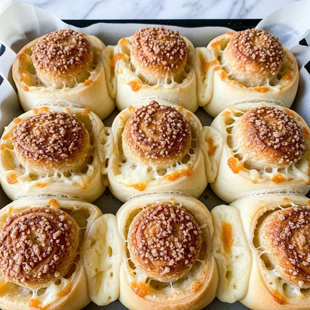 The image shows a close-up of a baking tray filled with nine soft, golden-brown rolls arranged in three rows of three. Each roll has a light flaky texture with visible layers of dough, slightly separated and puffed up, and they are topped with a sprinkle of cinnamon and sugar creating a crunchy, caramelized surface. The edges of the rolls are creamy white with some melted cheese or cream filling peeking through, giving a soft and gooey look inside. The baking tray is dark but the rolls' warm colors contrast with the smooth white marbled surface background. photo taken with an iphone --ar 4:5 --v 7