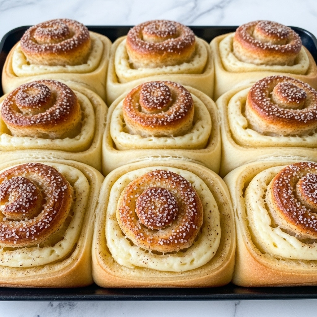 The image shows a close-up of a baking tray filled with nine golden-brown rolls arranged in three rows of three. Each roll has a soft, layered texture with a lightly browned top sprinkled with cinnamon and sugar, giving a slightly grainy look. The rolls have a creamy white filling visible through folds in the dough, which looks smooth and rich. The tray holding the rolls is dark, resting on a surface with a white marbled texture seen faintly in the background. The rolls appear fluffy and slightly puffed, with the top layers flaking gently. Photo taken with an iphone --ar 4:5 --v 7