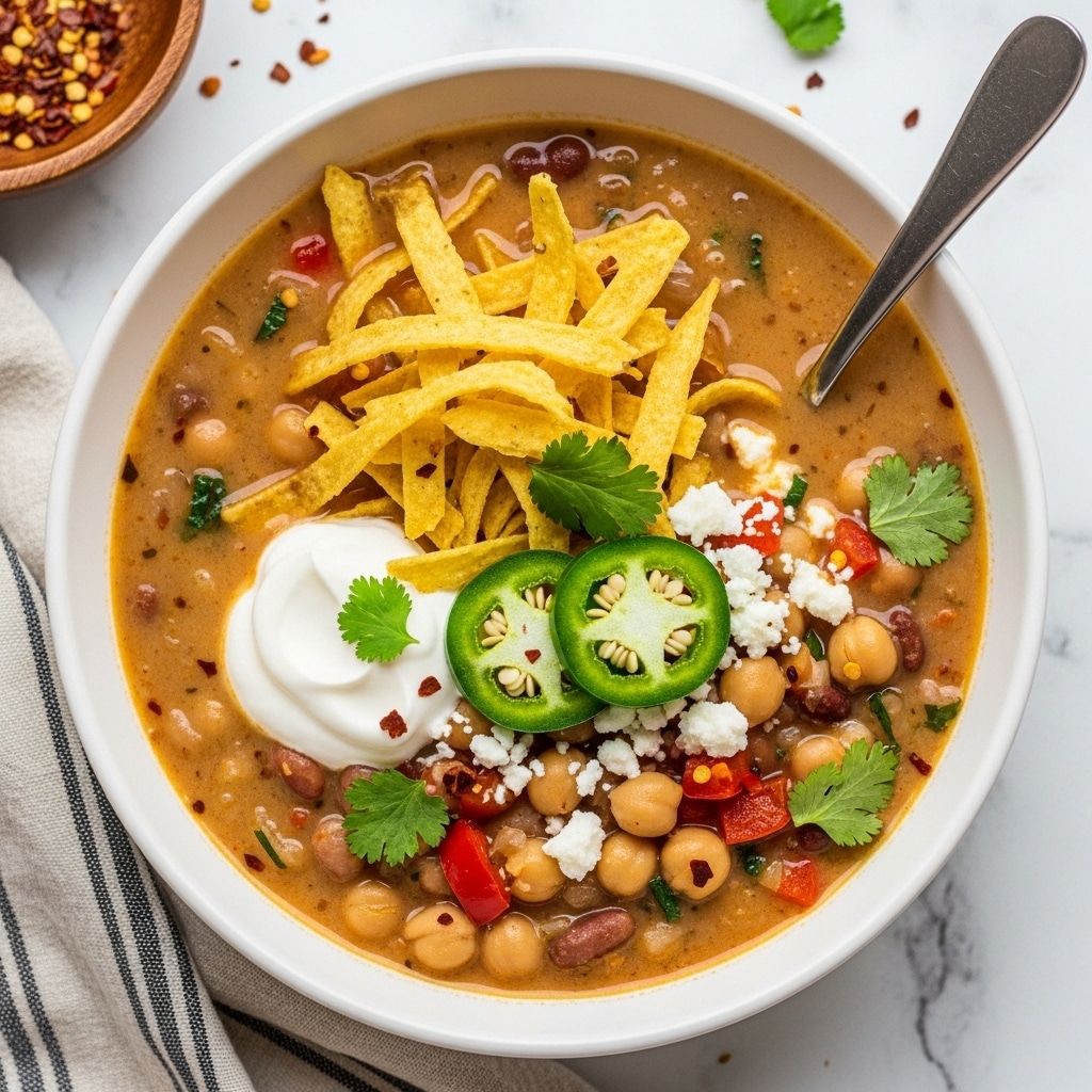 The image shows a white bowl filled with creamy soup that has a light beige color, dotted with small chickpeas and pieces of red bell pepper. On top of the soup, there are bright yellow crispy tortilla strips spread across the middle, thin slices of green jalapeño peppers, white dollops of sour cream, and some small white grains like rice or quinoa. A silver spoon rests on the right edge of the bowl, which sits on a white marbled surface. The colors of the toppings contrast well with the soup, giving it a fresh and hearty look. Photo taken with an iphone --ar 4:5 --v 7