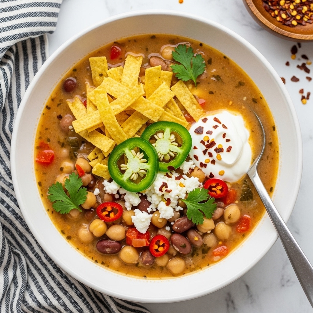 A white bowl filled with creamy soup containing beans, chickpeas, and small pieces of red bell pepper, all mixed in a light tan broth with herbs scattered throughout. On top of the soup are strips of yellow tortilla chips forming a loose pile, three slices of green jalapeño peppers with visible seeds, and a dollop of white sour cream on the side. The dish is sprinkled with white crumbly cheese and some red chili flakes, with small green leaves of fresh cilantro scattered on top. A silver spoon rests inside the bowl, which is set on a white marbled surface next to a striped cloth and a wooden bowl with red chili flakes in the background. Photo taken with an iphone --ar 4:5 --v 7