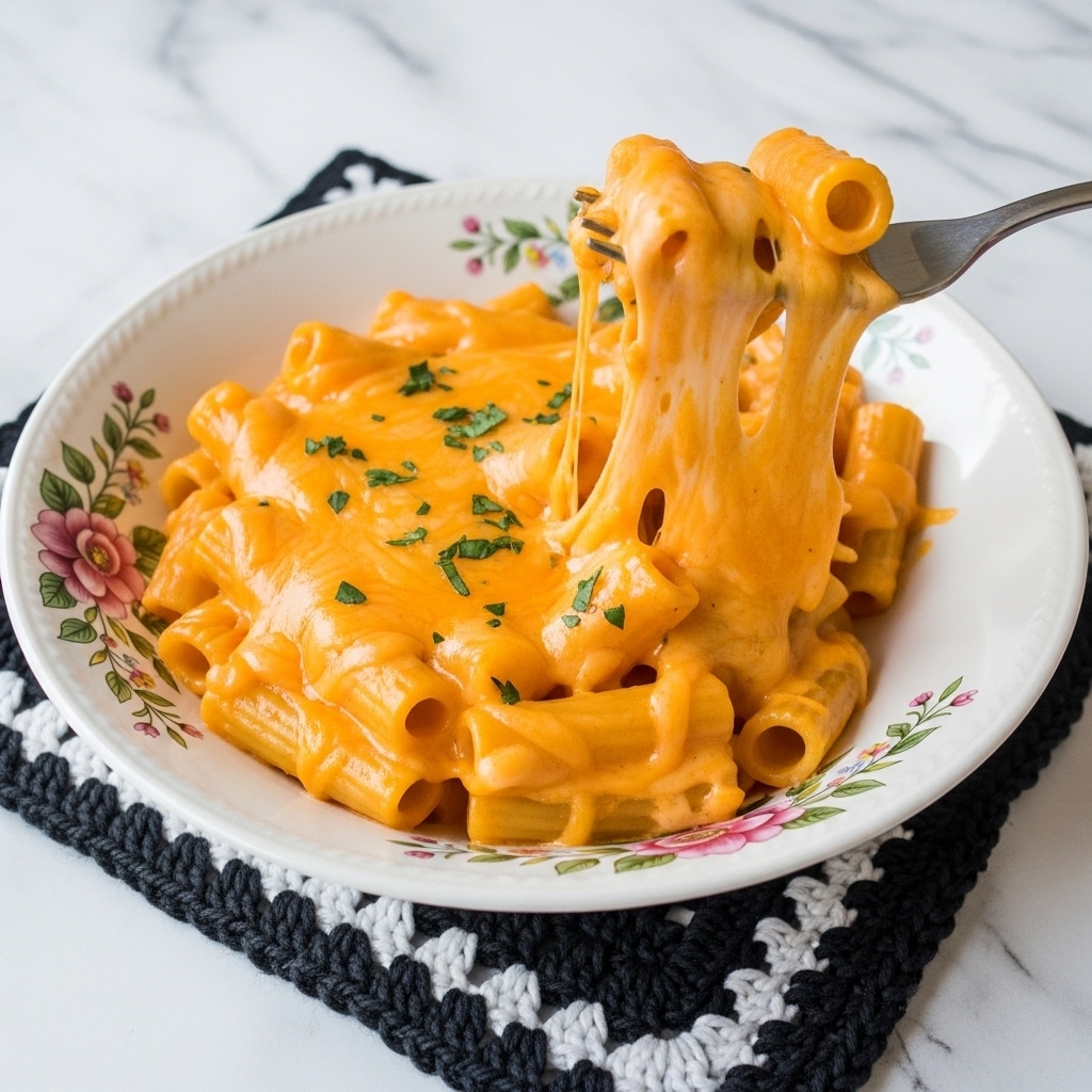 A white bowl with a floral pattern is filled with thick, creamy orange cheese sauce covering short tube-shaped pasta. The pasta is layered with melted cheese that stretches as a fork lifts some from the bowl, revealing smooth, shiny textures and small green herb pieces scattered lightly on top. The bowl sits on a black and white crocheted cloth over a white marbled surface. photo taken with an iphone --ar 4:5 --v 7