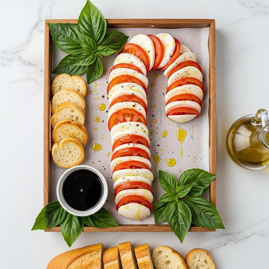 A wooden tray is set on a white marbled surface, holding a neatly arranged Caprese salad shaped like a candy cane. The salad has alternating layers of round white mozzarella slices and red tomato slices, forming two curved rows with about 13 layers in total. The cheese and tomato layers look fresh and juicy, lightly drizzled with olive oil. Around the candy cane, there are four large dark green basil leaves, placed at the top, left, right, and bottom. On the left side of the tray, there is a small pile of round toasted bread slices, and near the bottom left corner, a small white bowl filled with dark balsamic vinegar sits on top of two basil leaves. To the right of the tray, a glass bottle of olive oil is partially visible. Below the tray, part of a sliced baguette rests on the white marbled surface. Photo taken with an iphone --ar 4:5 --v 7
