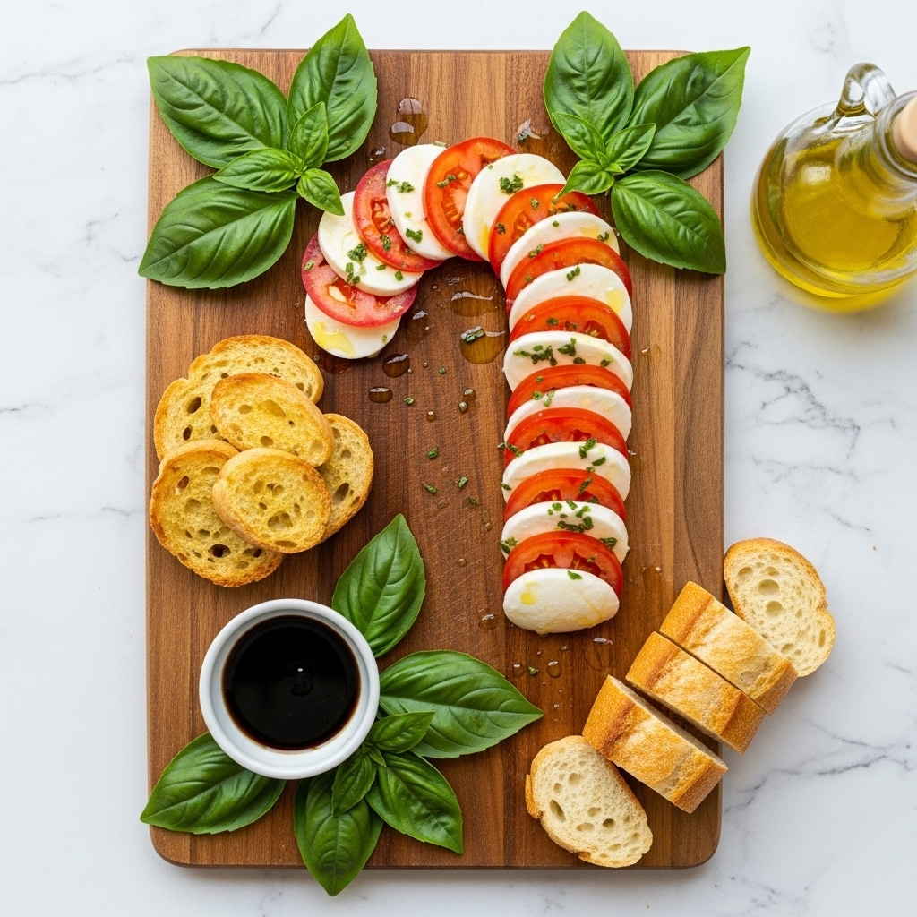 A wooden serving board on a white marbled surface holds a caprese salad arranged in the shape of a candy cane, with alternating layers of white mozzarella slices and red tomato slices, topped with a light drizzle of olive oil. Around the candy cane shape, there are four large green basil leaves placed at each corner of the wooden board. To the left of the candy cane, there is a small pile of golden toasted bread slices. Below the bread, a small white bowl with dark balsamic vinegar sits on three basil leaves. In the bottom right corner, a sliced baguette rests partially on the white marbled surface. To the upper right, there is a glass bottle of olive oil. Photo taken with an iphone --ar 4:5 --v 7