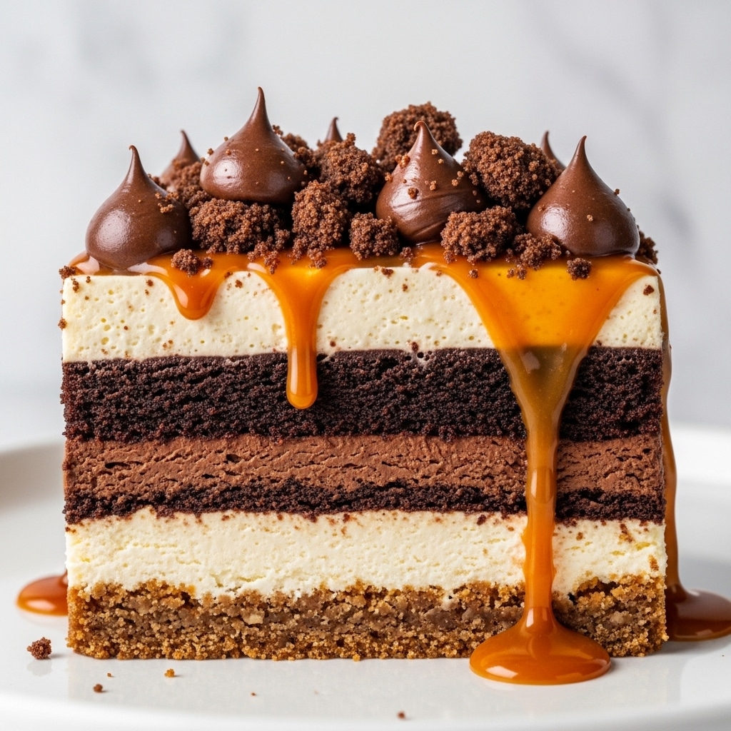 A close-up of a rich dessert slice showing four layers: the bottom layer is a crumbly brown crust, followed by a thick creamy off-white layer, then a dark chocolate cake layer, and topped again with a creamy off-white layer. The top is covered with crumbled bits, chocolate dollops, and smooth caramel sauce dripping down the sides, pooling slightly on a white plate. The background has a soft white marbled texture. photo taken with an iphone --ar 4:5 --v 7