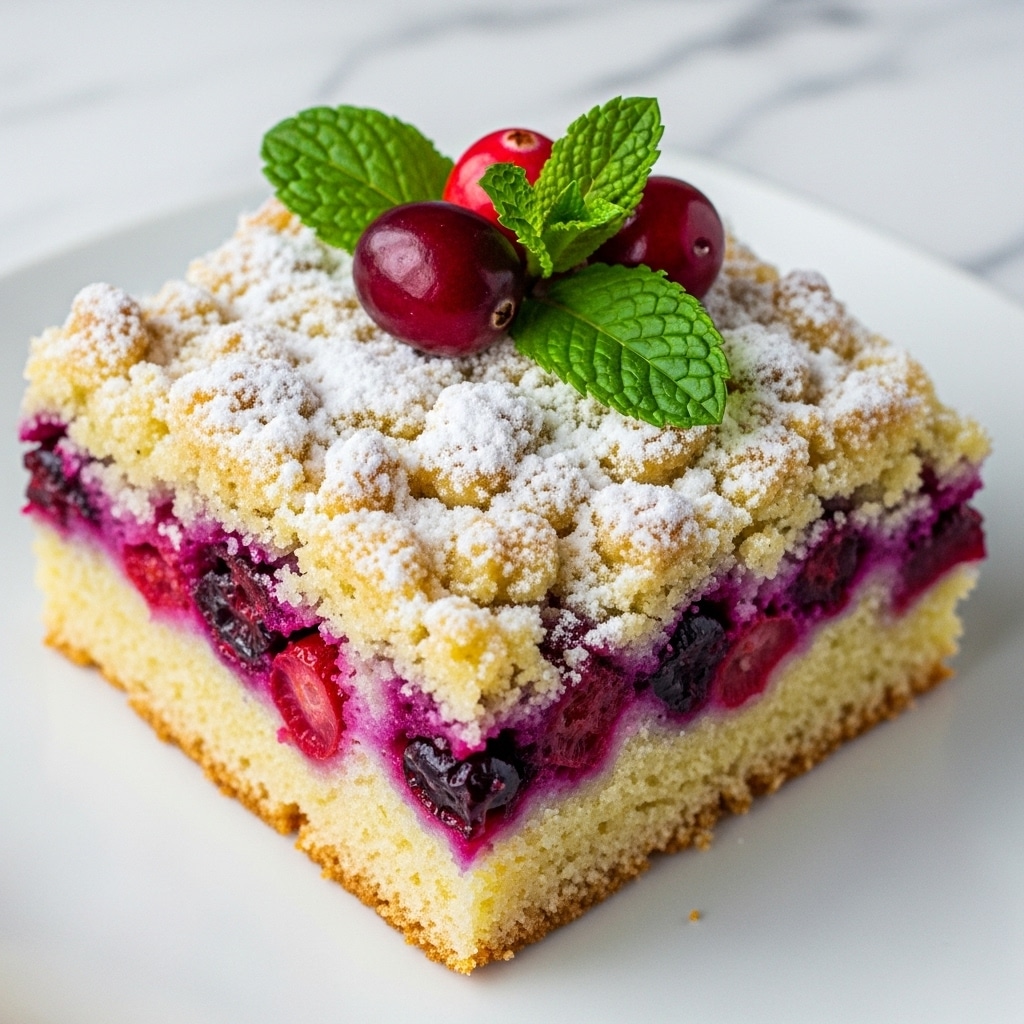 A close-up of a square piece of crumb cake with a light golden crumbly top layer sprinkled with powdered sugar, a middle layer full of dark red and purple cranberries mixed into a soft, pale yellow cake base, and three fresh cranberries along with two bright green mint leaves placed on top as decoration, all sitting on a white plate against a white marbled surface. photo taken with an iphone --ar 4:5 --v 7