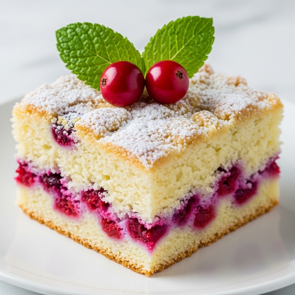 A close-up image of a single square slice of light-colored cake with an off-white, soft texture. The cake has visible red berries mixed throughout its middle layer, adding spots of deep red and purple. The top layer is crumbly with a light golden brown color and is dusted with a fine layer of white powdered sugar. The cake is decorated on top with two whole red berries and two bright green mint leaves. The slice rests on a plain white plate on a white marbled surface. photo taken with an iphone --ar 4:5 --v 7